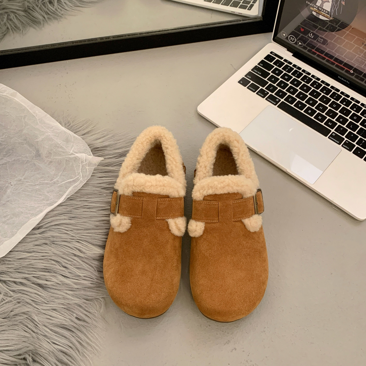 牛皮版~复古厚底毛毛鞋女外穿2025新款秋冬季真皮加绒博肯鞋棉鞋 - 图0