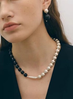 新款拼接拉丝黑檀木项链高级感春夏D圆球锁骨链简约时尚百搭项饰