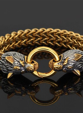 欧美钛钢维京手镯男复古t粗链不锈钢朋克狼情侣时尚手链潮饰品