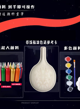 DIY涂色大马勺j脸谱生肖线稿龙年非遗手工文创国风传统带纹路白坯
