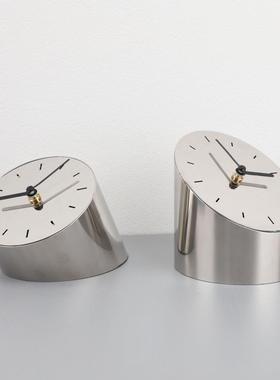 欧式金属斜边银色时钟摆件样板房电视柜卧室书房客厅桌面软装饰品
