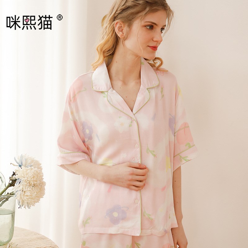 宽松款春夏女式人棉贡缎睡衣套装 F桃桃星球长袖简约家居服睡衣T - 图2