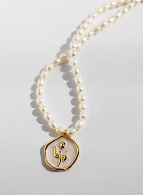 法式高雅天然淡水珍珠项链女欧美轻奢珠光白色珐琅T复古吊坠锁骨