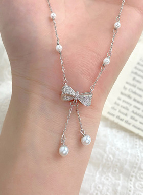 S925纯银轻奢蝴蝶结珍珠项链