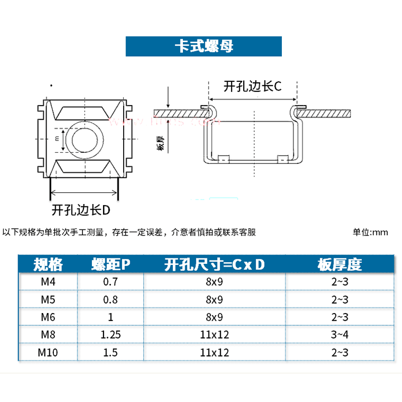 M4M5M6M8 卡式螺母/浮动笼式 机柜 铁夹螺帽铁皮四方螺母 4.5折