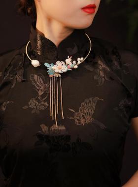 古风璎珞项圈汉服配饰项炼气质名媛新中式锁骨炼烧蓝色的花朵脖子