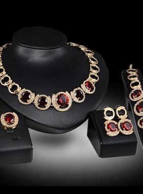 欧美时尚夸张耳环项链套装镶宝石水钻锁骨链女礼服宴会新娘饰品