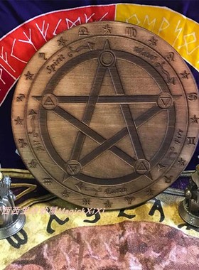 实木雕刻五芒星木l质雕刻手工盘 圆盘 几何图案花纹 摆件拍照