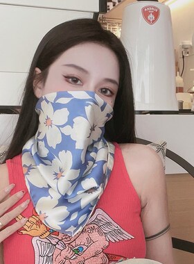 尤嘻岛法式田园花朵蓝色小方巾丝巾女绑包腰带春夏头巾包头时尚