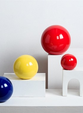 红色圆球形摆件简约家居彩色陶瓷球摆F设酒店样板房展厅茶几装饰