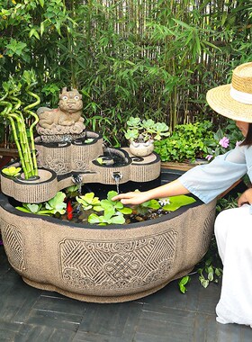 户外大型鱼c池流水摆件新中式庭院花园圆形循环水喷泉水景造景布