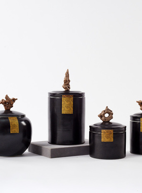 新中式陈设样板房售楼部软装饰品黑色F陶瓷储物罐玄关茶室盖罐摆