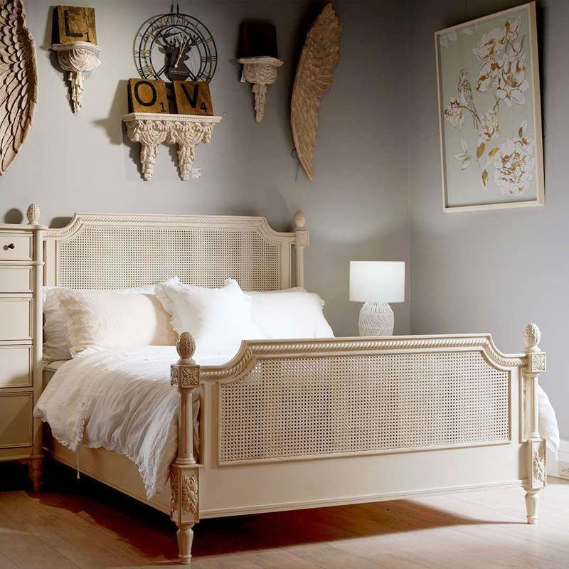 美式复古藤编床双人床欧式实木雕花儿童床美式奶油白色公主卧室床 - 图3