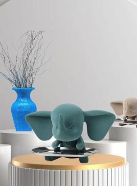 创意简约植绒树脂工艺品小飞象公仔客厅卧室桌面植绒装饰品摆件
