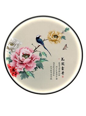 新中式牡丹花圆形装饰画带灯入z户玄关画走廊过道壁画餐厅发光挂