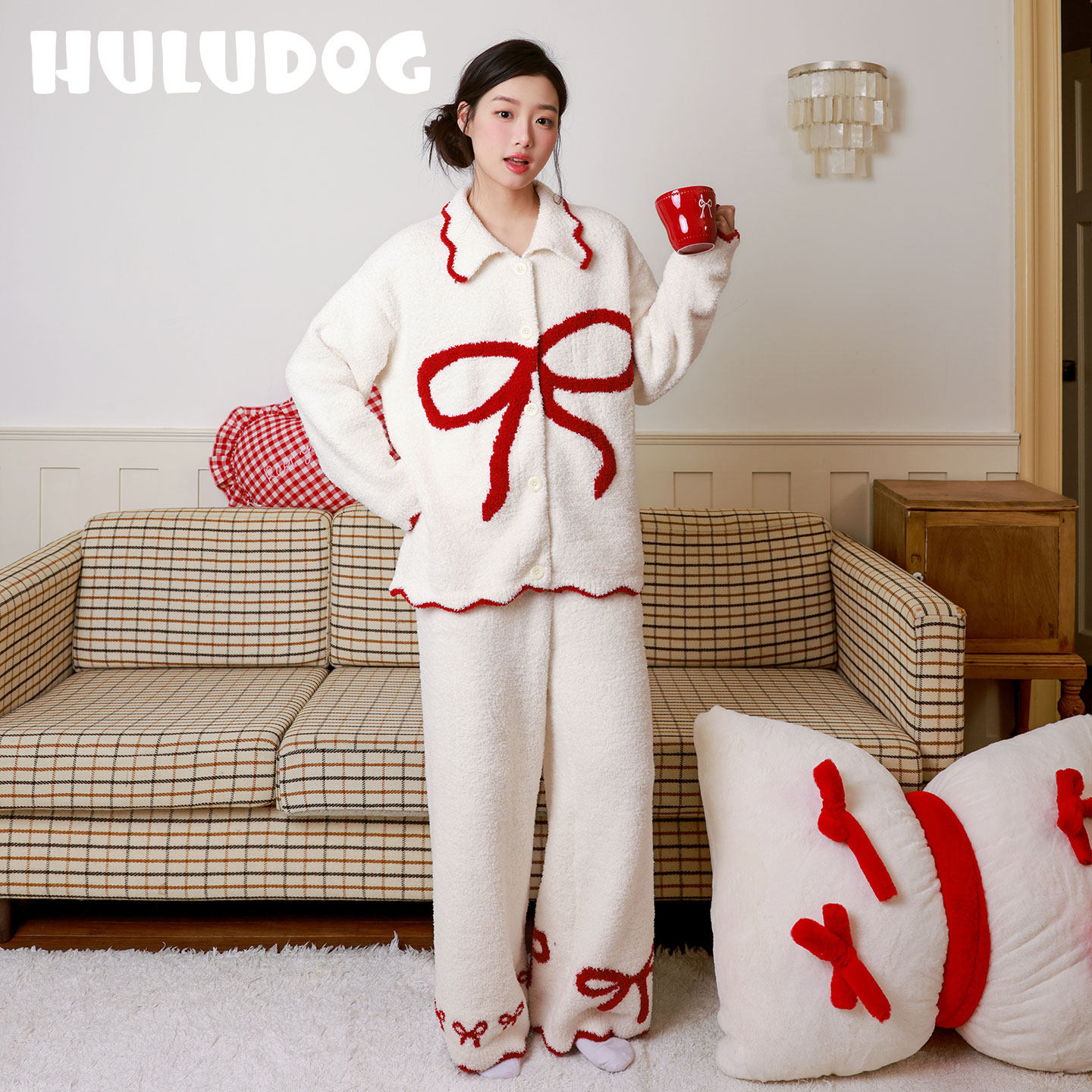 【新款上新】HULUDOG半边绒蝴蝶结睡衣套装舒适保暖可外穿家居服