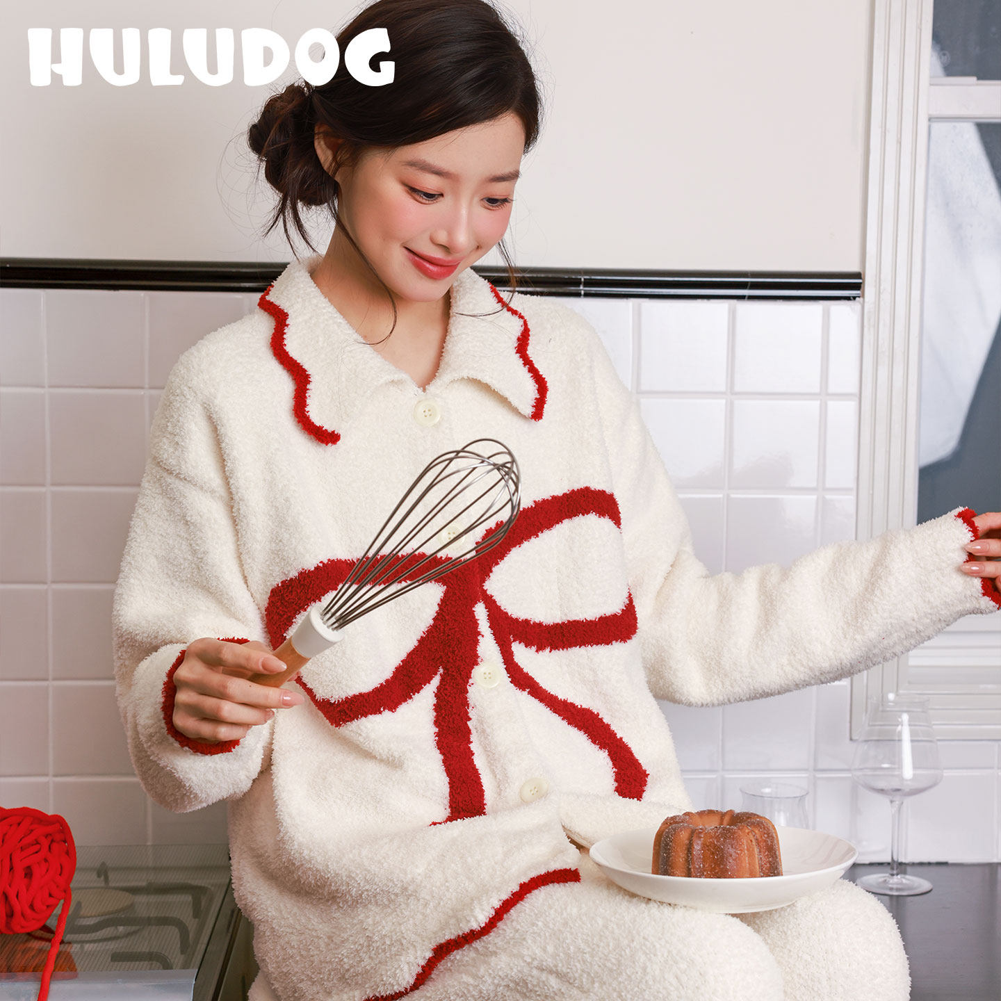 【新款上新】HULUDOG半边绒蝴蝶结睡衣套装舒适保暖可外穿家居服