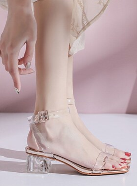 2024新款夏季外穿网红透明中跟粗跟水晶高跟鞋仙女风大学生凉鞋女