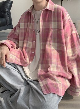 格子衬衫男长袖潮牌潮流日系宽松港风上衣服百搭韩版复古休闲衬衣