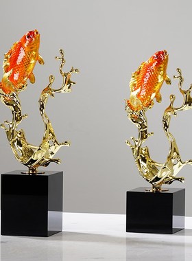 如鱼得水锦鲤高档轻奢玄关酒柜新中式珐琅彩摆件乔T迁电视柜装饰