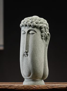 中式复古鱼缸造景佛头青砂石摆件创H意保佛首家居客厅桌面装饰