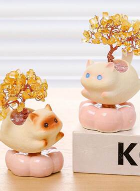 发财转转黄水晶发财树送同事礼物办公室礼品新款可爱小猫摆件创意