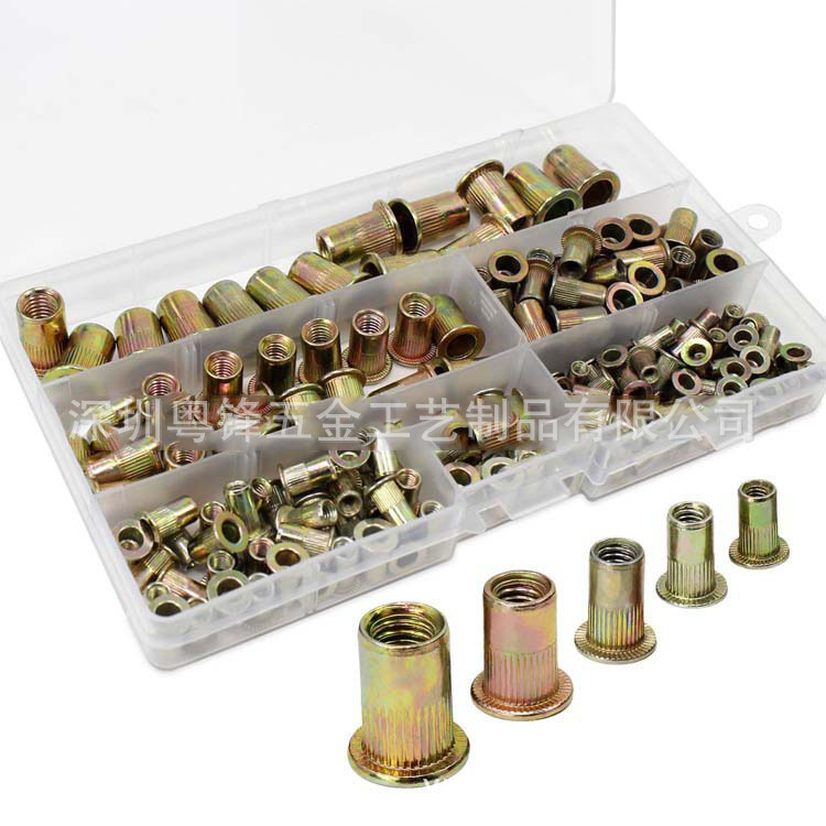 跨境现货 165PCS盒装彩钢铆螺母M3/4/5/6/8/10/12组合 平头铆螺母 - 图0