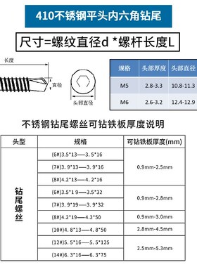 410不锈钢平头内六角钻尾倒边自攻自钻燕尾螺钉黑色护栏螺丝M5.5