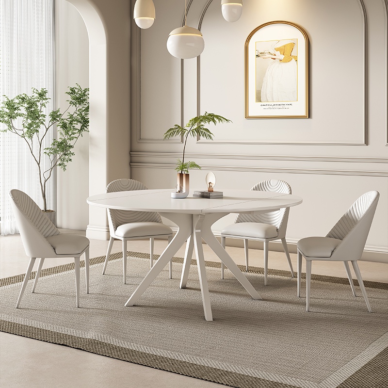 Cream style slate folding dining table, variable round table, simple household small R-type dual-purpose telescopic dining table