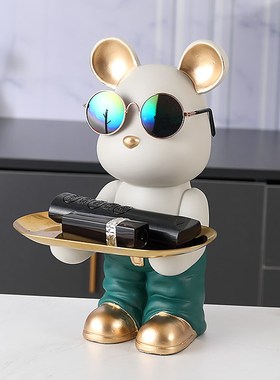 创意爱心熊摆件j托盘轻奢玄关放钥匙收纳竹木置物架装饰挂钩进门