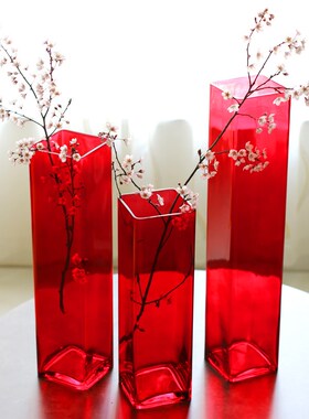 大红色方形玻璃花瓶百合花富贵竹大号落地家居现代客厅插花4050