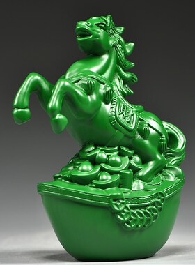 绿色木雕刻马摆件生肖马到成功红木家居客厅水装饰工W艺品开业送