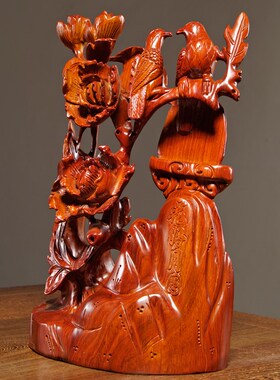 花梨木雕花好月圆摆件实木花鸟红木雕刻家居客P厅装饰新居工艺礼