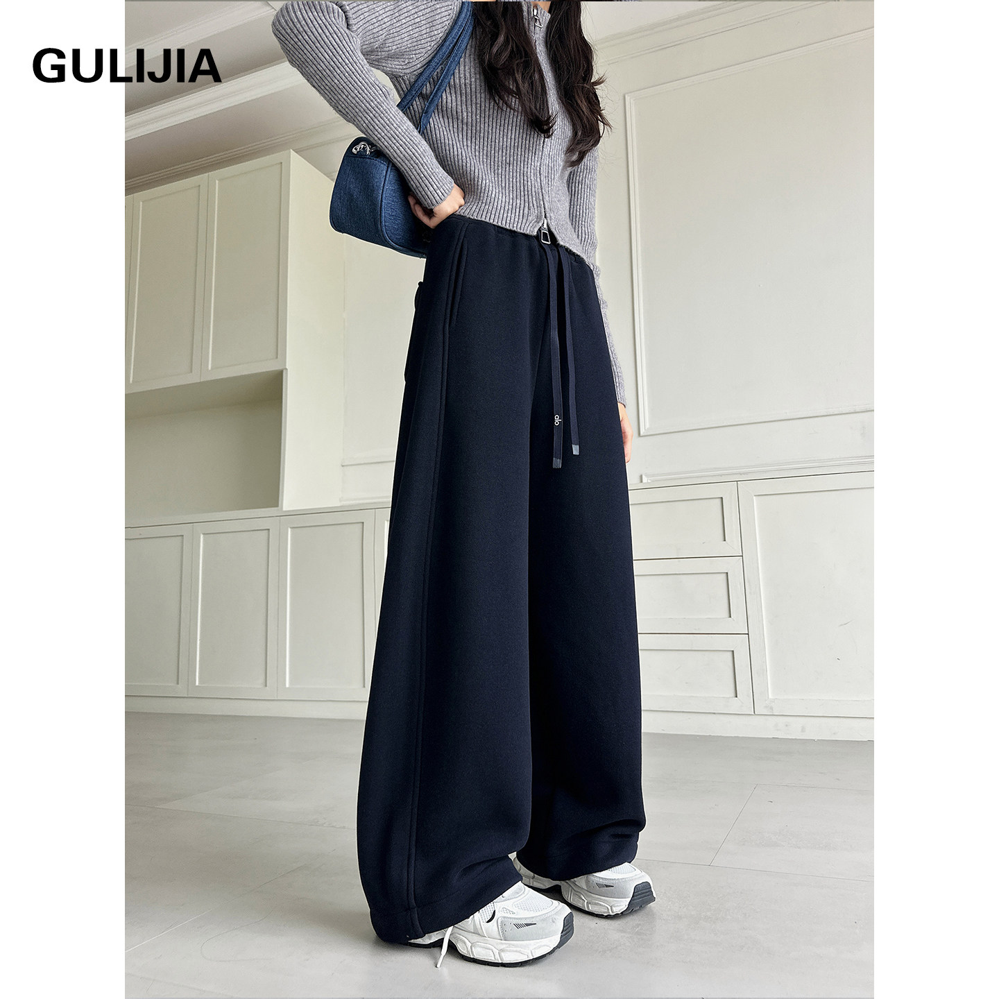 古力家春秋款高腰阔腿裤女大童宽松初中生休闲长裤藏青色抽绳裤子,淘宝优惠券,粉丝福利购,淘宝优惠卷