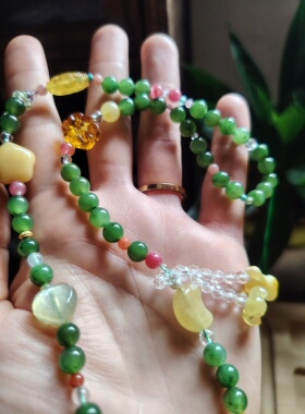 天然蜜蜡碧玉项链配蜜蜡小熊吊坠毛衣链女款锁骨链送女友生日礼物