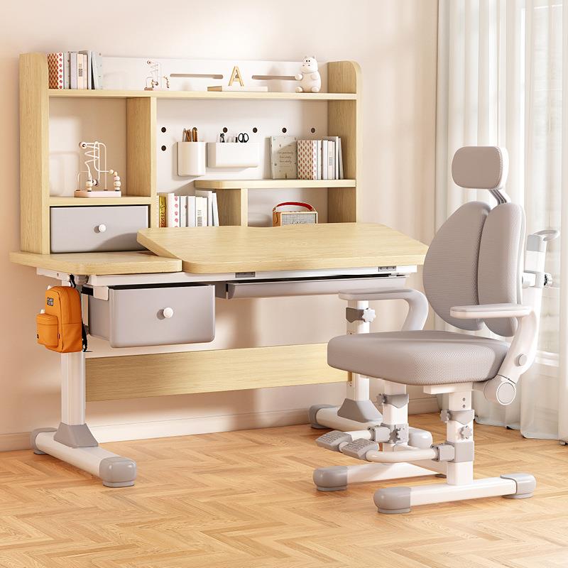 Solid wood children's study table, desk, bookcase cover, integrated study combination desk, liftable table and chair, study table and chair set