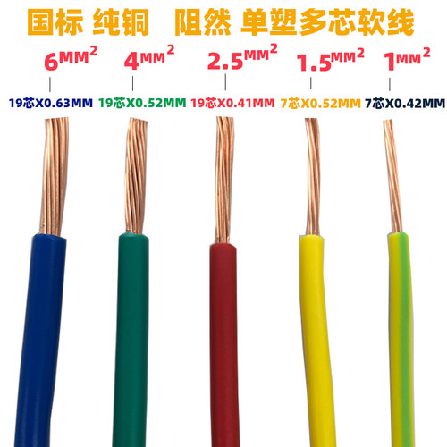 珠江电缆国标家用电线BVR1/1.5/2.5/4/6平方纯铜芯家装线多股软线 - 图1