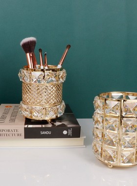 北欧轻奢风镀金铁艺笔筒卧室化妆桌面G化妆笔首饰收纳筒纸巾盒整