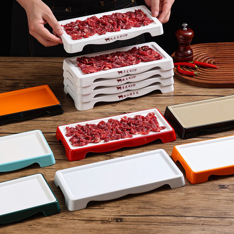 100个装郝阿娘鲜切牛肉自助火锅盘子谭三娘O密胺餐具订制LOGO - 图0