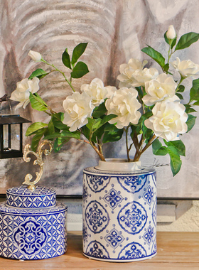 欧式古典青花瓷圆罐新中式电视柜餐桌家居插N花瓶软装饰品陶瓷摆