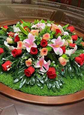 酒店大圆桌中间装饰花餐桌转盘摆花草坪圆形假花摆件X绿色草垫草