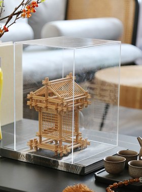 新中式亚克力罩榫卯建筑托盘假书摆件H样板间售楼部茶桌子软装饰