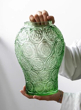 法式浮雕玻璃花瓶绛紫q色客厅插花高级感摆件透明琉璃花器 宫廷