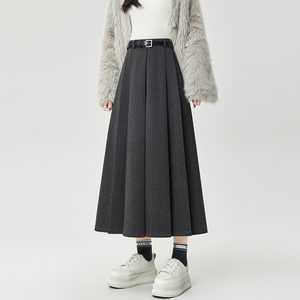 拉夏贝尔灰色毛呢西装半身裙女秋冬高腰A字大摆伞中长款百褶裙