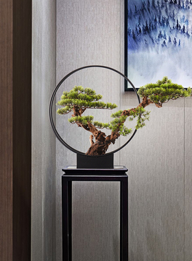 新中式摆件松树i植物售楼处软装饰品过道玄关台景观茶台迎客松盆