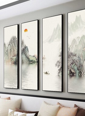 客厅装饰画新中式沙发背景墙四联画流水生K财风景挂画办公室组合
