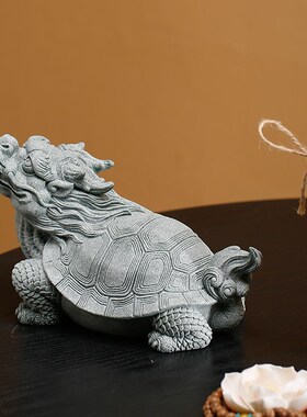 中式招财龙龟鱼缸造景装饰品创意青砂石书房桌面瑞兽玄武石雕摆件