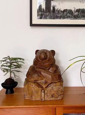 珍藏北海道匠玄人作品《熊护守》XPS木雕感关摆件家居样板间款民