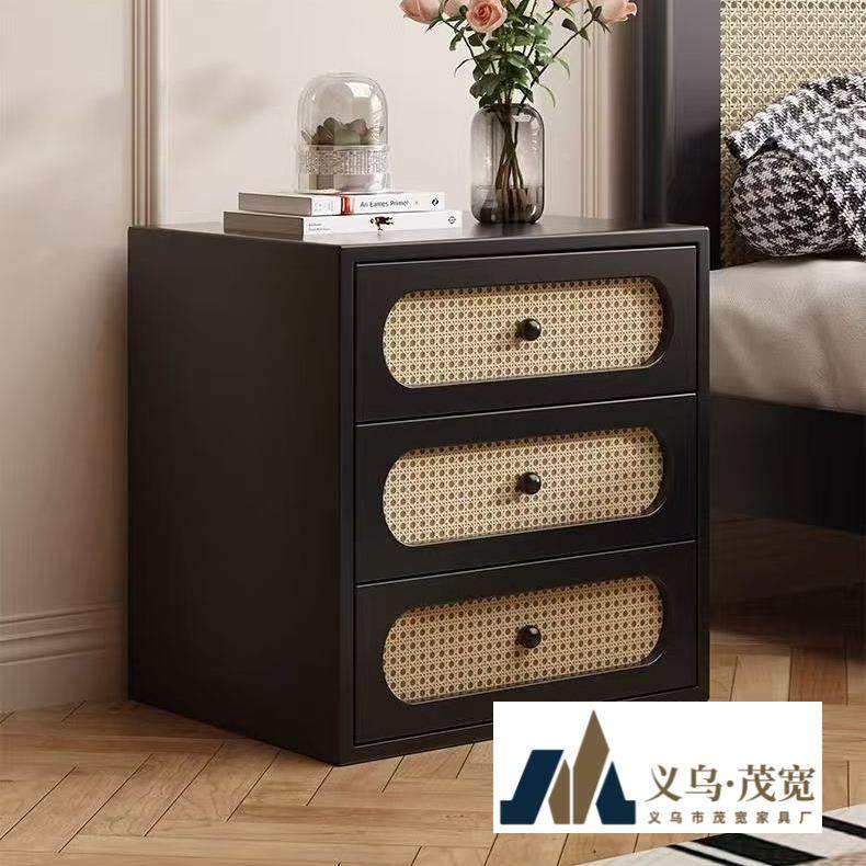 中古风藤编5床TKM头柜022新款小型卧室家用实木床边柜复古色收黑,淘宝优惠券,粉丝福利购,淘宝优惠卷