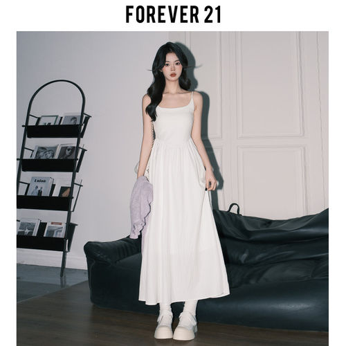 Forever 21温柔U领吊带洋装女浅春系收腰A字长裙韩系初恋小白裙 - 图2